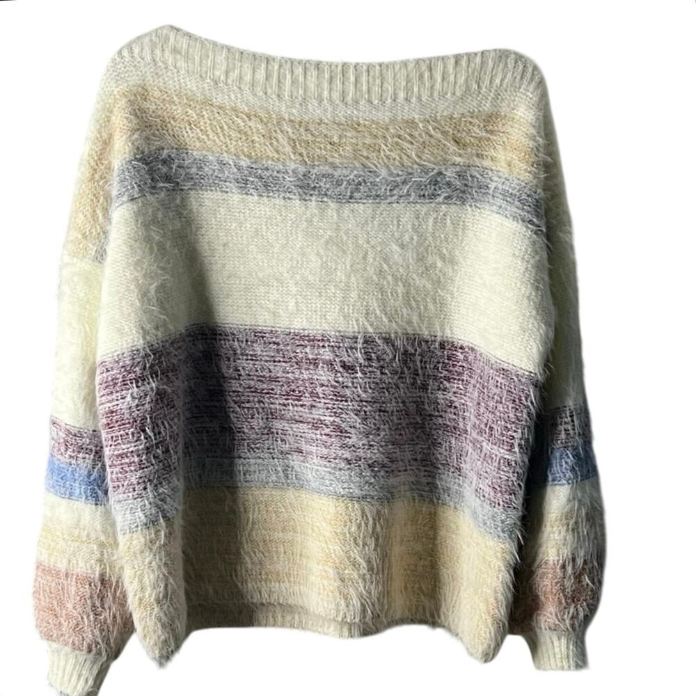 Oliver by Escio | Cozy Soft Striped Eyelash Sweater, Balloon Sleeves | Size XL